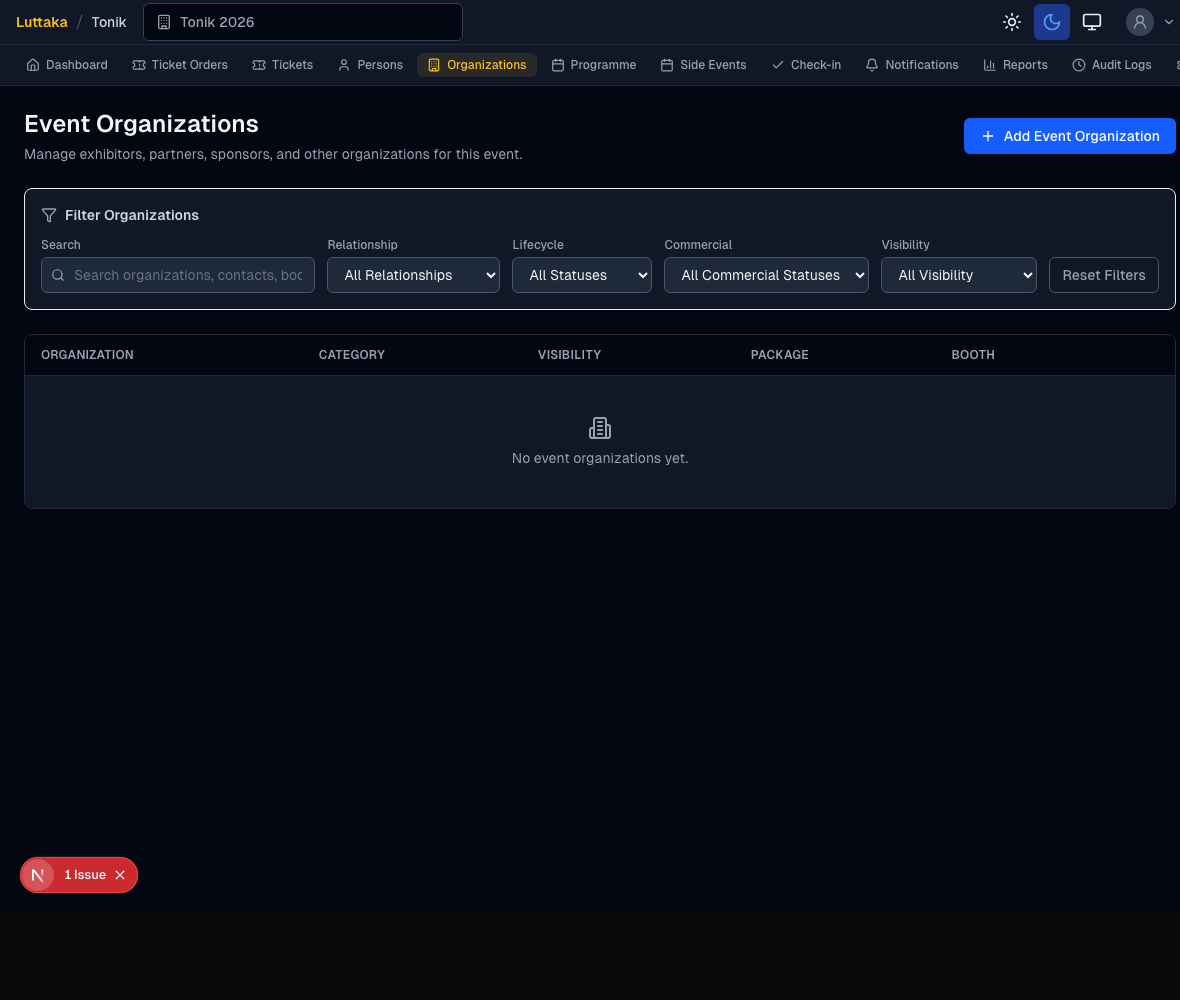 Organizer event organizations page in Luttaka