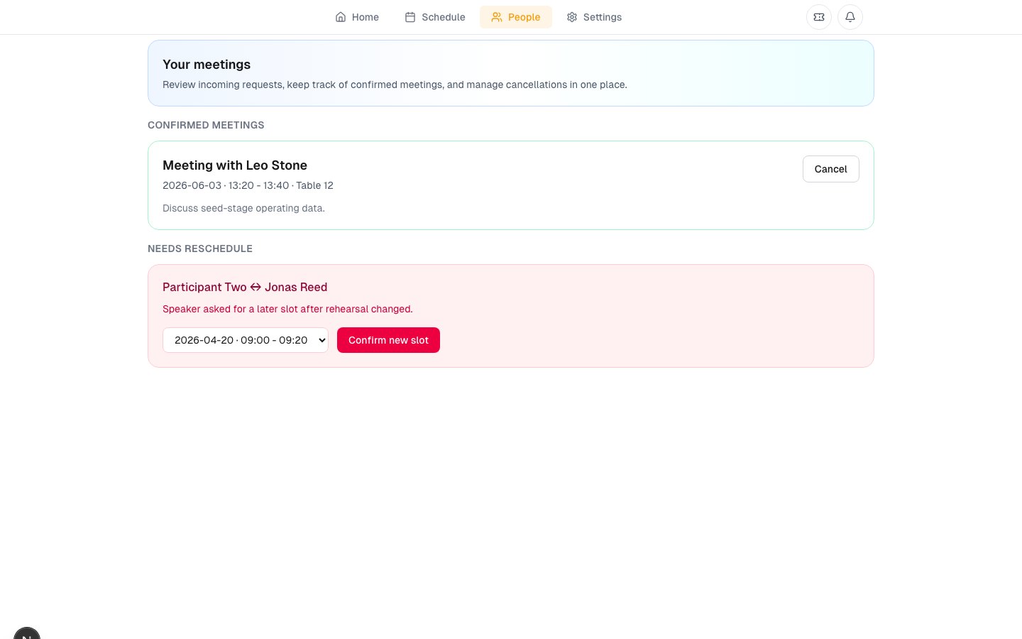 Luttaka participant meetings page with confirmed and reschedule-needed meetings
