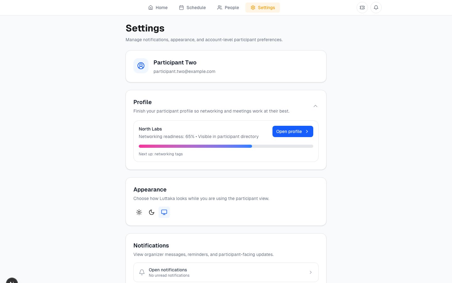Luttaka participant settings page with account controls