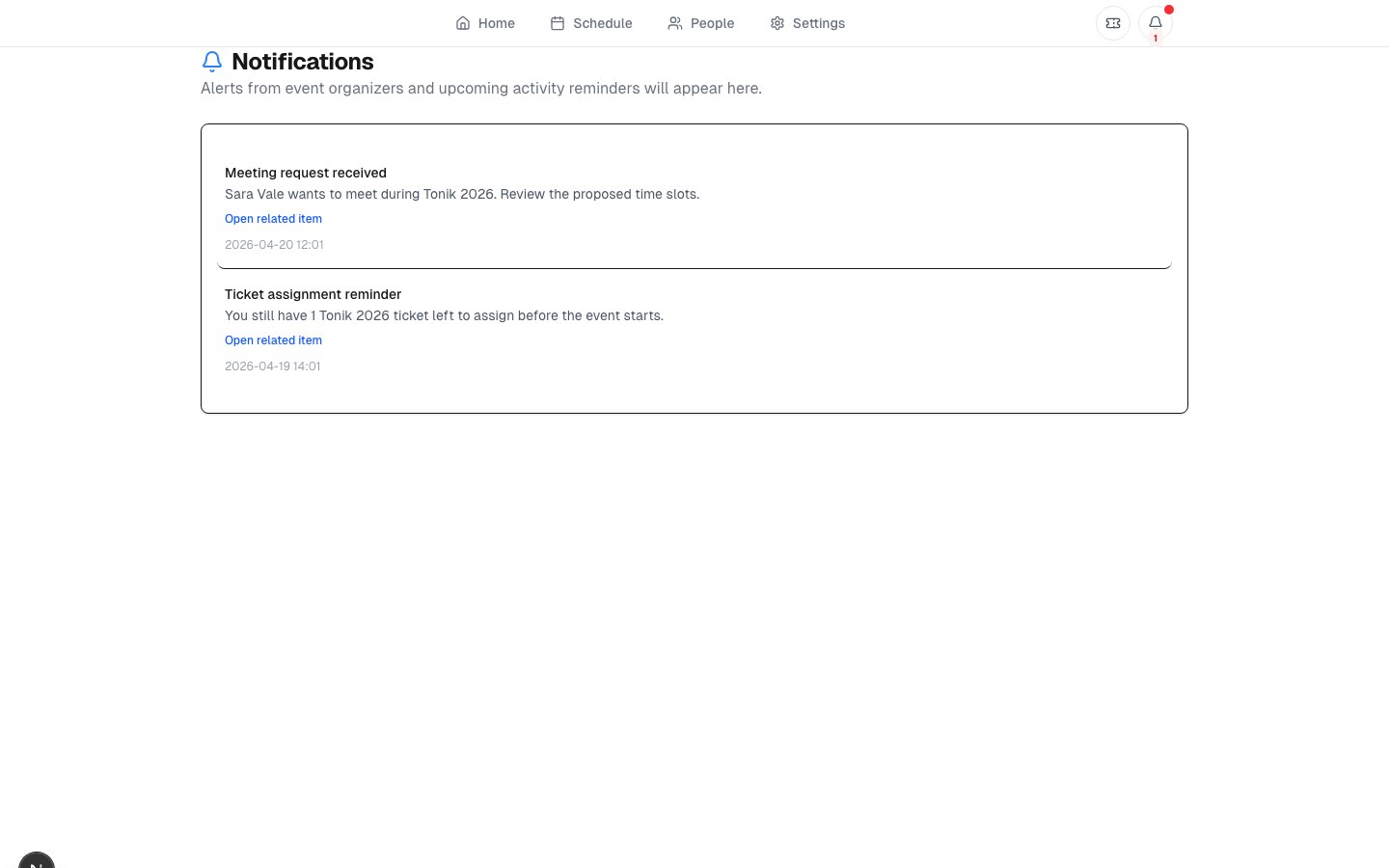 Luttaka participant notifications page with meeting and ticket reminders