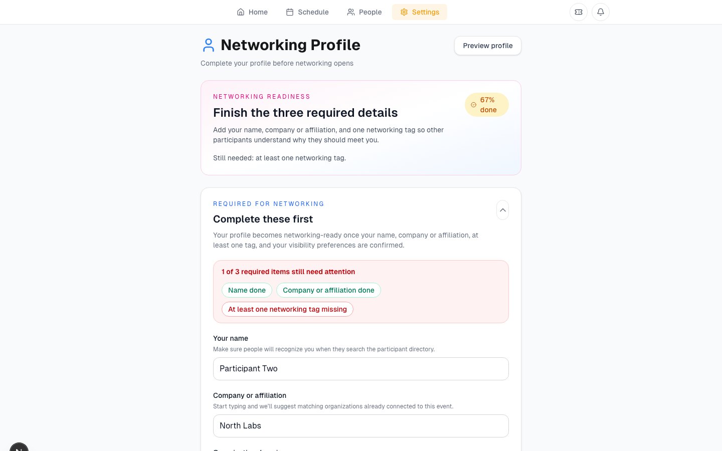 Luttaka networking profile editor with visibility controls
