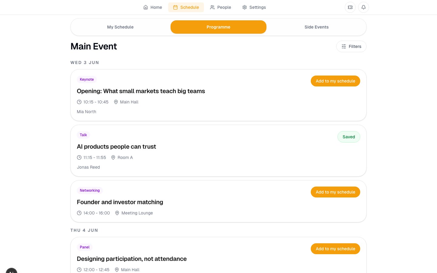 Luttaka schedule page showing saved sessions and personal agenda items