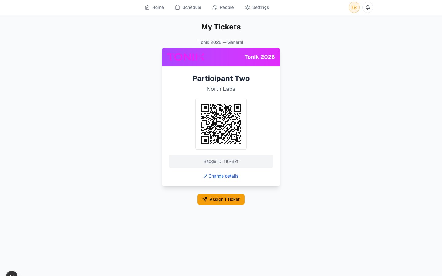 Luttaka My Tickets page with Tonik 2026 ticket controls